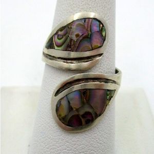 VINTAGE Abalone Sterling Silver Bypass Ring 8-1/2